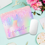 Unicorn glitter pink sparkle rose gold rainbow mouse mat<br><div class="desc">A trendy iridescent, background with unicorn and rainbow pastel colours in pink, purple, rose gold, mint green. Decorated with faux glitter drips in rose gold, pink, purple and a rainbow coloured unicorn. Purple coloured letters. Personalise and add your name written with a mothern hand lettered style script with swashes. To...</div>