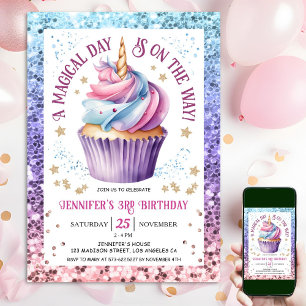 Unicorn Glitter Rainbow Cupcake   3rd Birthday Invitation