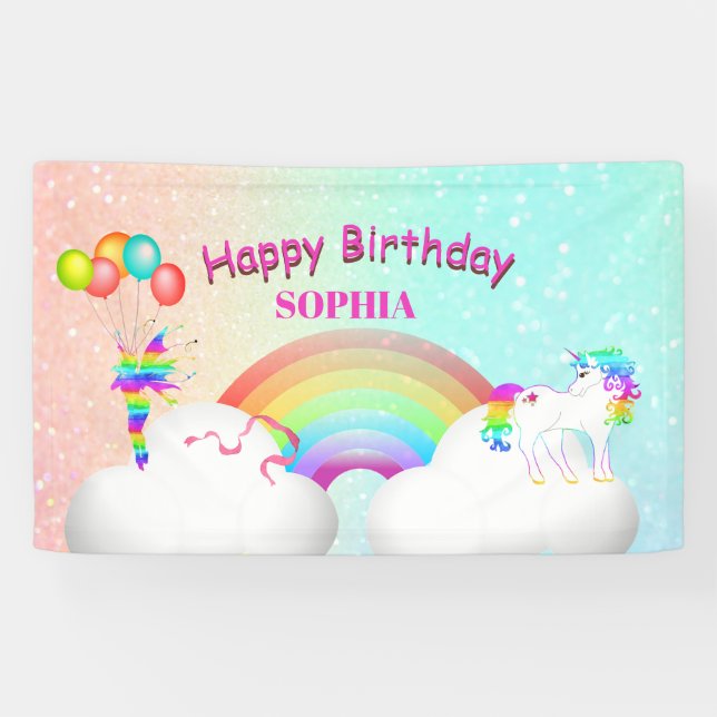 Unicorn Glitter Rainbow Kids Modern Birthday Banner (Horizontal)