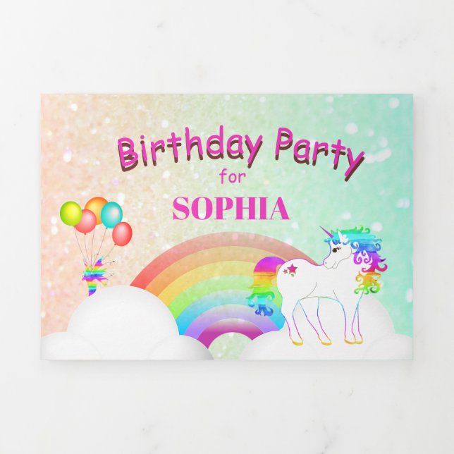 Unicorn Glitter Rainbow Kids Modern Birthday Tri-Fold Invitation (Cover)