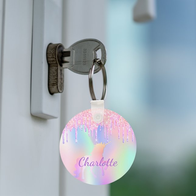 Unicorn glitter rainbow monogram name holographic key ring (Creator Uploaded)