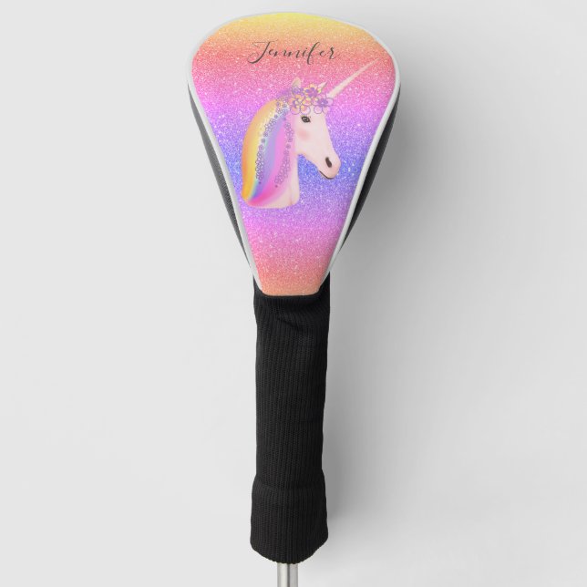 Unicorn Glitter Rainbow Personalised Name Golf Head Cover (Front)
