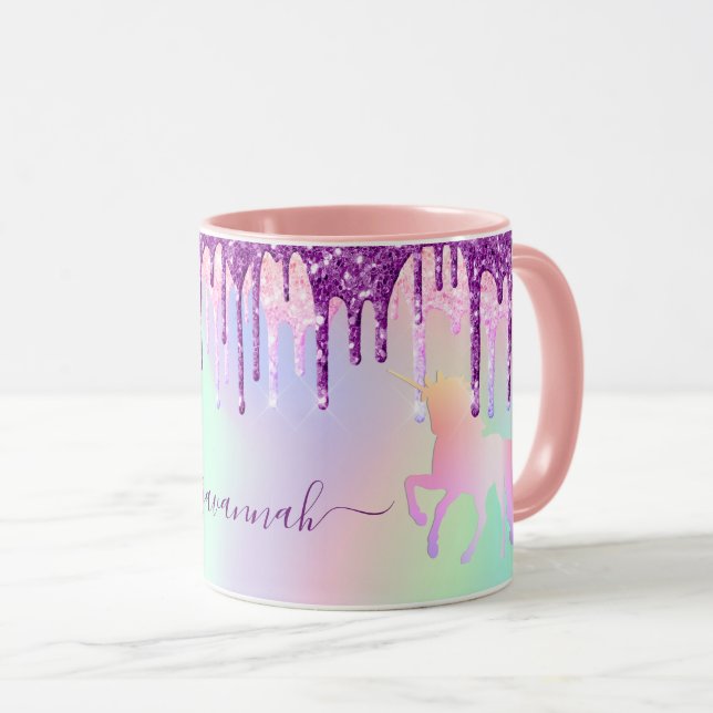 Unicorn glitter rainbow pink monogram holographic mug (Front Right)