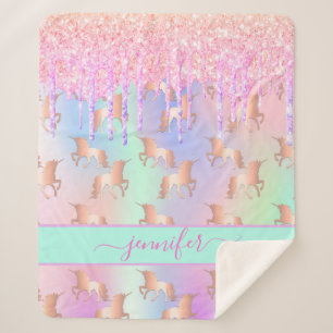Unicorn glitter rainbow pink name script sherpa blanket