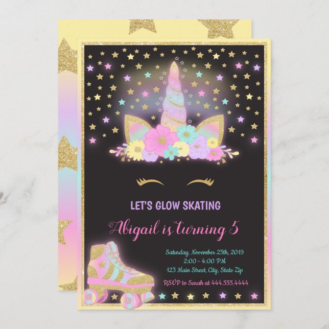 Unicorn Glow Roller Skating Invitation, Unicorn Invitation (Front/Back)