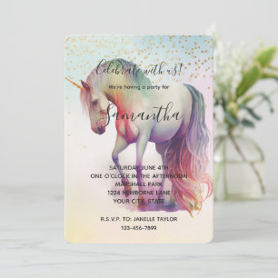 Unicorn Gold Confetti Sparkle Birthday Invitation