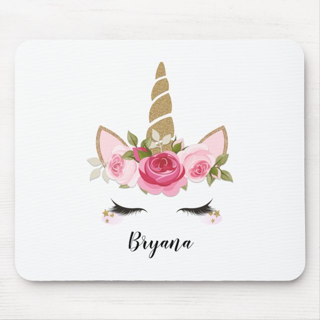 Unicorn Gold Floral Cute Trendy Mouse Pad (Front)