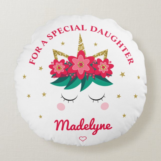 Unicorn Gold Glitter Daughter Christmas Round Cushion (Front)
