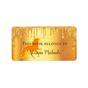 Unicorn gold glitter drips bookplate label
