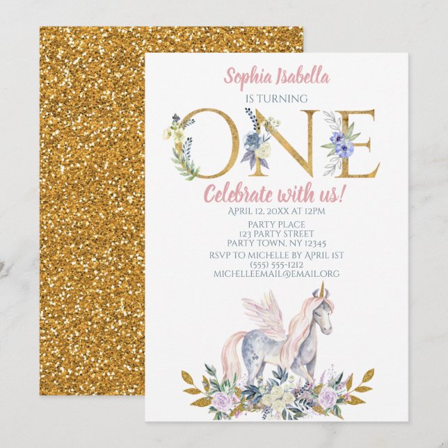 Unicorn Gold Glitter First Birthday Invitation (Front/Back)