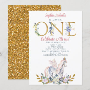 Unicorn Gold Glitter First Birthday Invitation