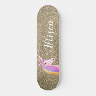 Unicorn Gold Glitter Sparkles Girls Personalised Skateboard