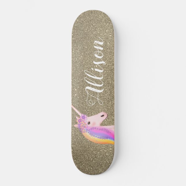 Unicorn Gold Glitter Sparkles Girls Personalised Skateboard (Front)