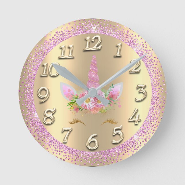 Unicorn Gold Lash Crystal Girly Glitter Pink Spark Round Clock (Front)