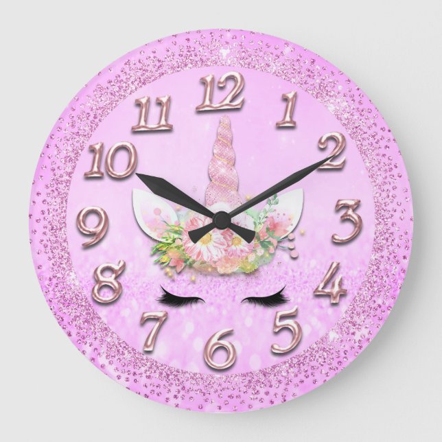 Unicorn Gold Lash Numbers Girly Glitter Spark Pink Large Clock (Front)