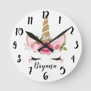 Unicorn Gold Pink Floral Cute Trendy Bedroom Round Clock