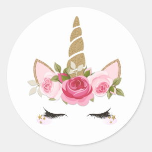 Unicorn Gold Pink Floral Cute Trendy Classic Round Classic Round Sticker