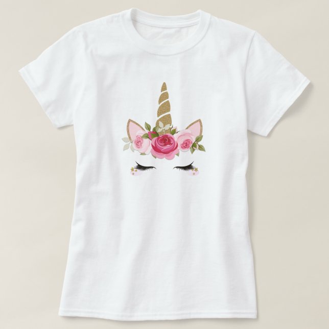 Unicorn Gold Pink Floral Cute Trendy Girly T-Shirt (Design Front)