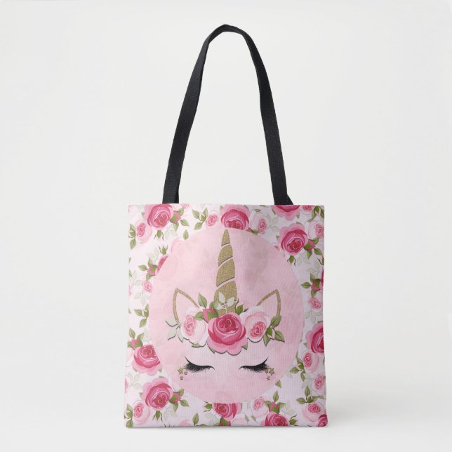 Unicorn Gold Pink Floral Rose Cute Trendy Tote Bag (Front)