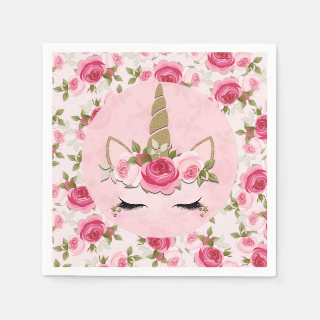 Unicorn Gold Pink Floral Roses Birthday Party Napkin (Front)