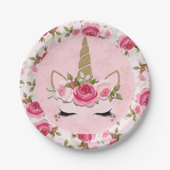 Unicorn Gold Pink Floral Roses Cute Trendy  Paper Plate (Front)