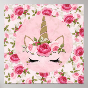 Unicorn Gold Pink Floral Roses Cute Trendy Poster