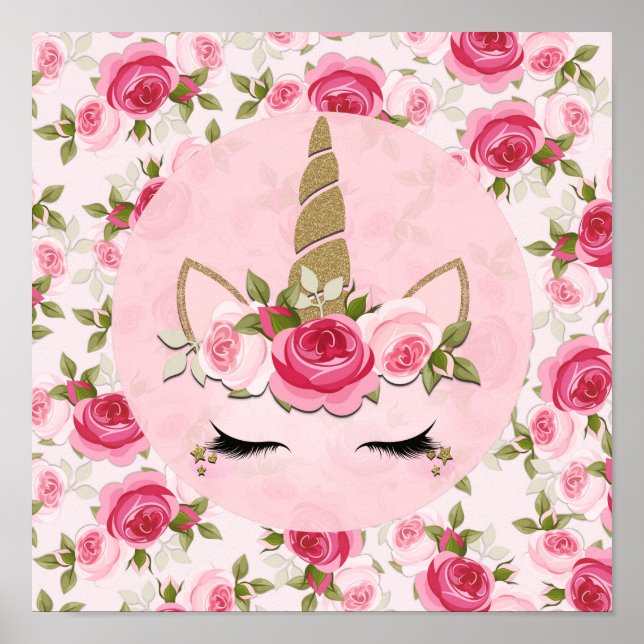 Unicorn Gold Pink Floral Roses Cute Trendy  Poster (Front)