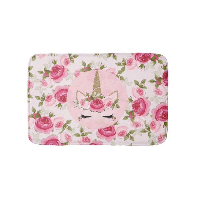 Unicorn Gold Pink Floral Roses Cute Trendy  Shower Bath Mat (Front)