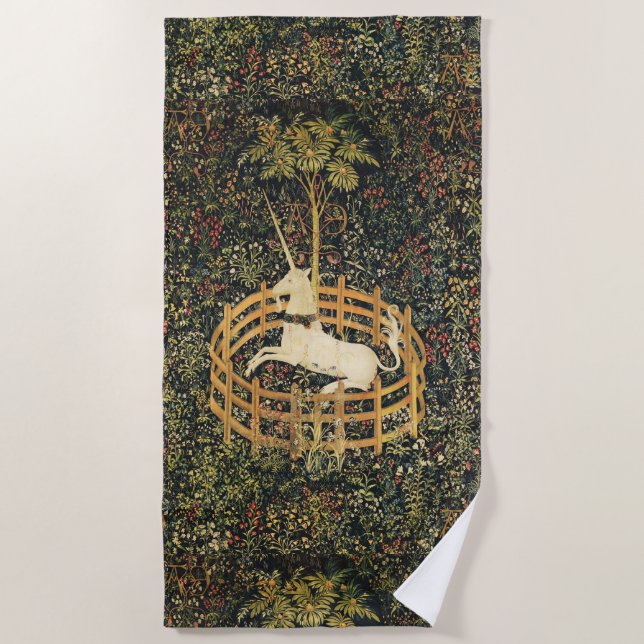 UNICORN GOTHIC FANTASY FLOWERS,FLORAL MOTIFS Green Beach Towel (Front)