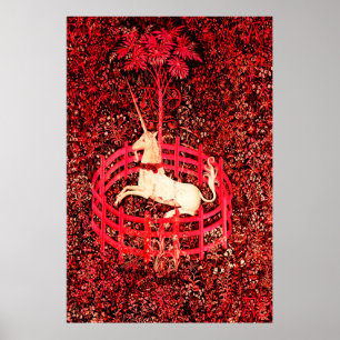 UNICORN GOTHIC FANTASY FLOWERS,RED FLORAL MOTIFS POSTER