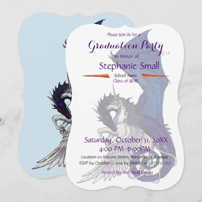 Unicorn Graduation Invitation Purple Blue Dragon (Front/Back)