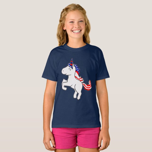 Unicorn Grey Patriotic USA Flag Cartoon Girls T-Shirt (Front Full)