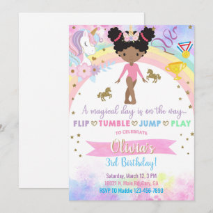 Unicorn gymnastics african american girl birthday. invitation