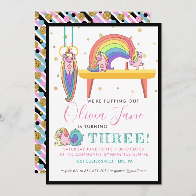 Unicorn Gymnastics Birthday Party Invitation (Front/Back)