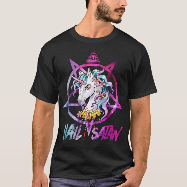 Unicorn Hail Satan Death Metal Rainbow shirt Rave  (Front)