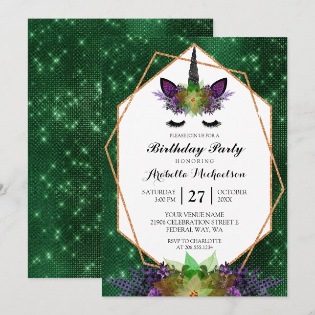 Unicorn Halloween Floral Green Sparkle Birthday Invitation (Front/Back)
