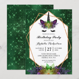 Unicorn Halloween Floral Green Sparkle Birthday Invitation