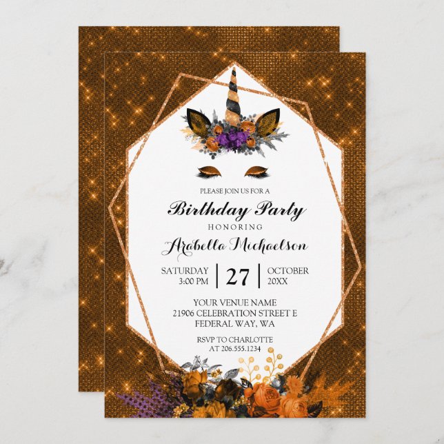 Unicorn Halloween Floral Sparkle Birthday Invitation (Front/Back)