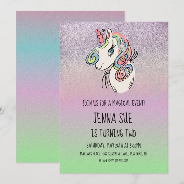 Unicorn  Hand Drawn Ombré Birthday Party Invitation (Front/Back)