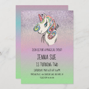 Unicorn Hand Drawn Ombré Birthday Party Invitation