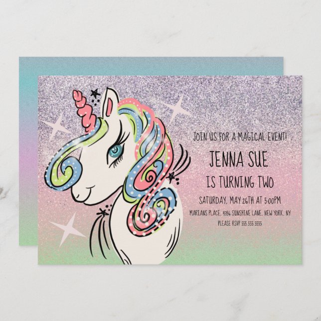 Unicorn  Hand Drawn Ombré Rainbow Birthday  Invitation (Front/Back)
