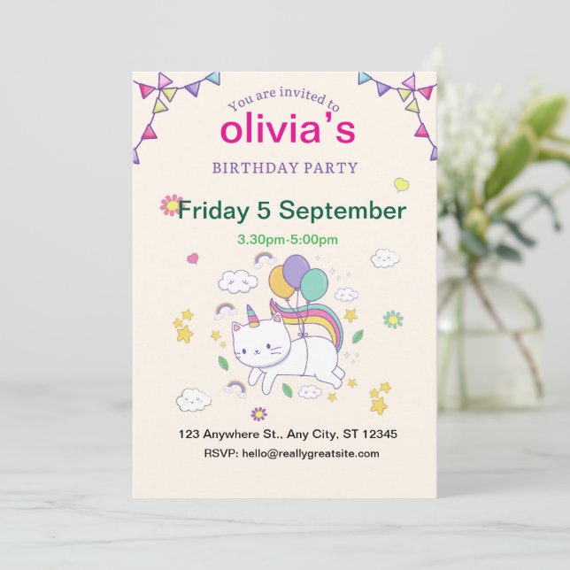 Unicorn Hand drawn pricess Birthday Invitation (Standing Front)