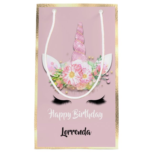 Unicorn Happy Birthday Name Gold Pink Girly Lash Small Gift Bag (Front)