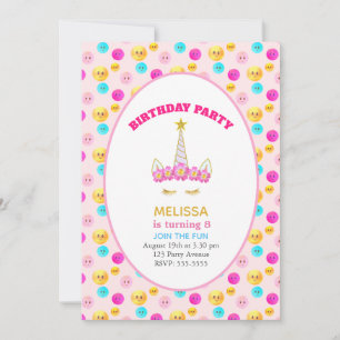 Unicorn & Happy Faces on Pink Birthday Party Invitation