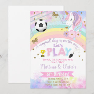 Unicorn head and soccer girl birthday invite. invitation