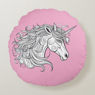 Unicorn Head Drawing (PINK BGRD) Round Cushion