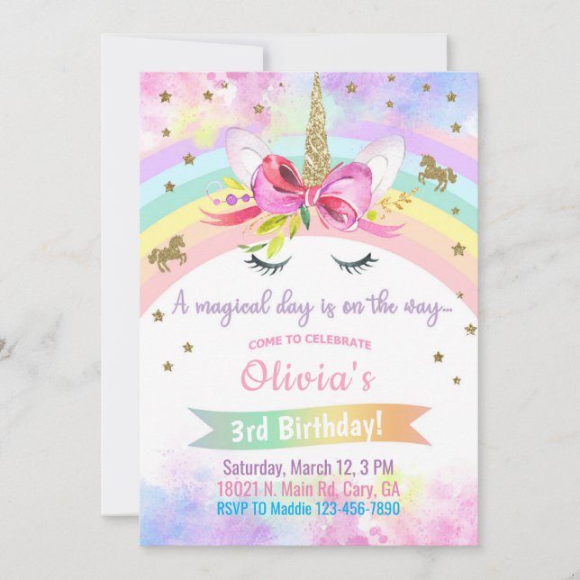 Unicorn head & flowers girl birthday invitation. i invitation (Front)