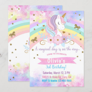 Unicorn head & flowers girl birthday invitation. i invitation