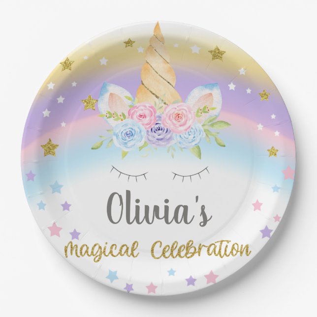 Unicorn head girl birthday customised paper plate. plate (Front)