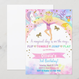 Unicorn head gymnastics blonde girl birthday. invitation